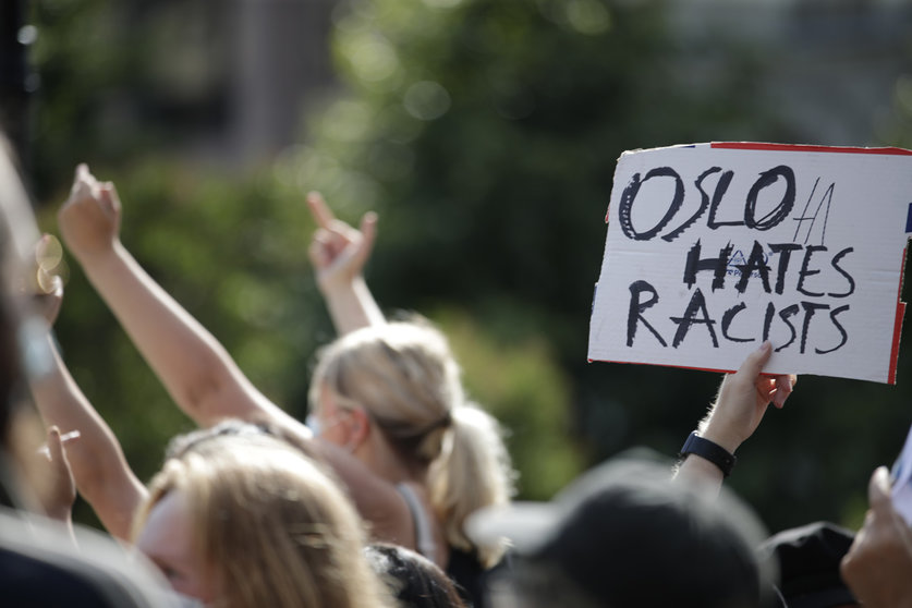 29 August 2020, Norway, Oslo: People take part in a protest under the motto SIAN, or &#34;Stop the Islamization of Norway&#34;. Photo: Jil Yngland/dpa.