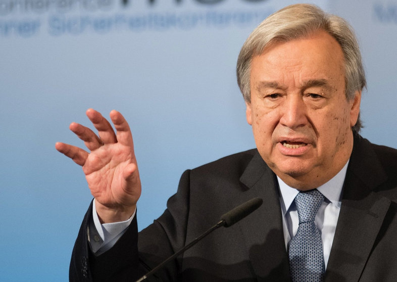 FILED - 18 February 2017, Bavaria, Munich: UN Secretary General Antonio Guterres speaks during the Munich Security Conference at the Bayerischer Hof. In his message on the occasion of the International Day of the Victims of Enforced Disappearance, Guterres said, &#34;The crime of enforced disappearance is spread all over the world. We see new cases almost daily, At the same time, the excruciating pain of old cases remains acute, as The fate of thousands of the disappeared remains unknown Photo: Matthias Balk/dpa.