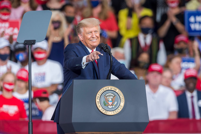 08 September 2020, US, Winston-Salem: US President Donald Trump delivers a speech during a &#34;Make America Great Again&#34; rally at the Smith Reynolds Regional Airport. Photo: Sean Meyers/dpa.