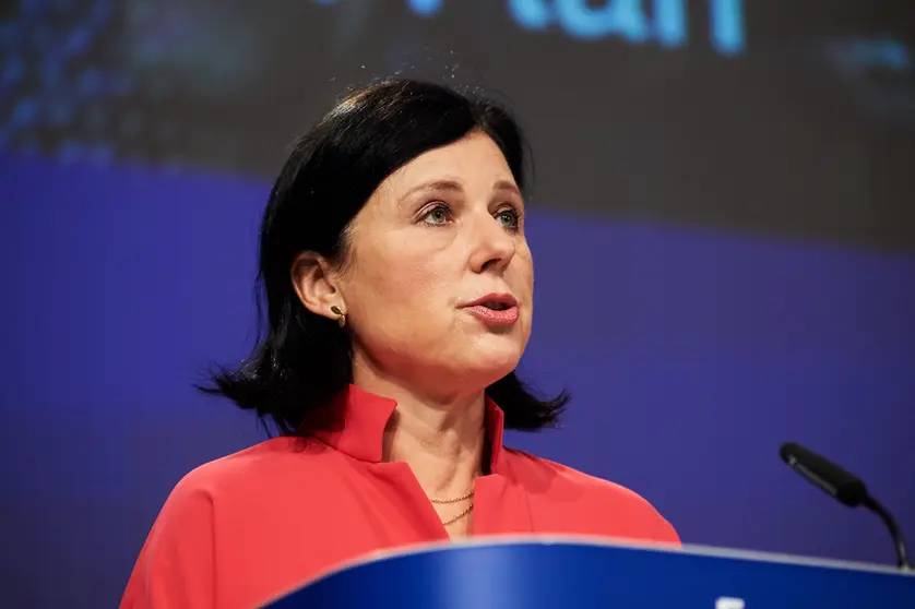 HANDOUT - 18 September 2020, Belgium, Brussels: European Commissioner for Values and Transparency Vera Jourova speaks during a press conference with European Commissioner for Equality Helena Dalli (Not Pictured) on the EU anti-racism Action Plan at EU headquarters. Photo: Dati Bendo/European Commission.