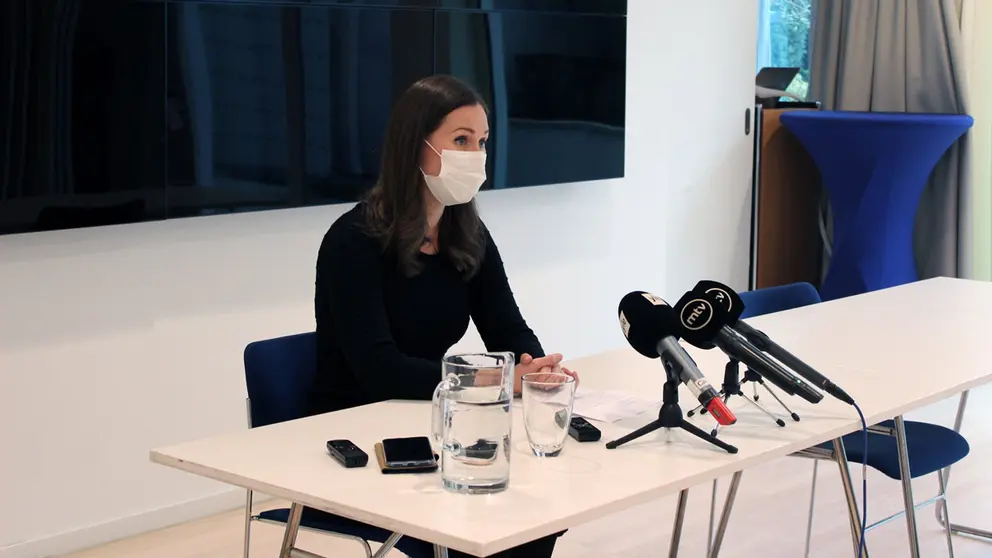 Prime Minister Sanna Marin during a press conference at the Finnish Permanent Representation in the EU. Photo: @FinlandinEU