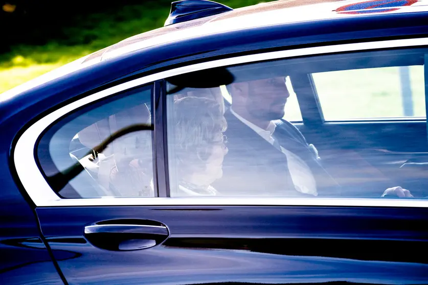 09 October 2020, Norway, Oslo: Queen Sonja of Norway (R) and Crown Prince Haakon visit King Harald after the heart valve operation at Oslo University Hospital, Rikshospitalet. Photo: Stian Lysberg Solum/dpa.