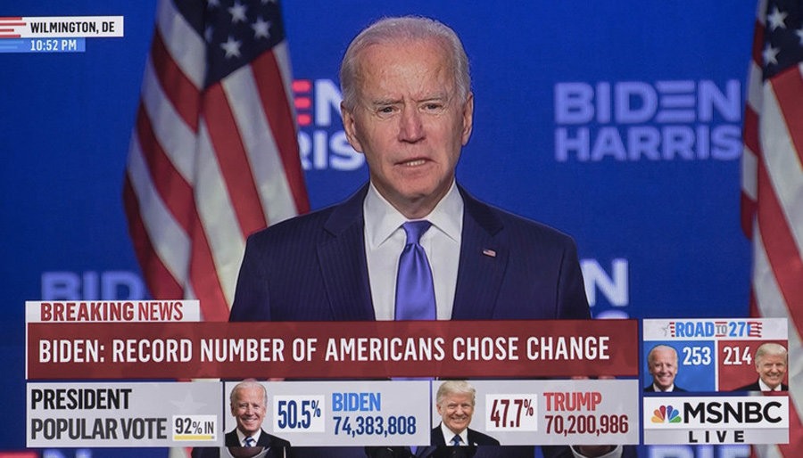 November 06, 2020 - Wilmington, Delaware, USA. - Screen grab from the MSNBC coverage of Democratic candidate for president, Vice President JOE BIDEN, delivering a progress update and expressing confidence concerning the vote count in the six states not yet called for either presidential candidate.(Credit Image: © Msnbc/ZUMA Wire Photo: Msnbc/dpa.