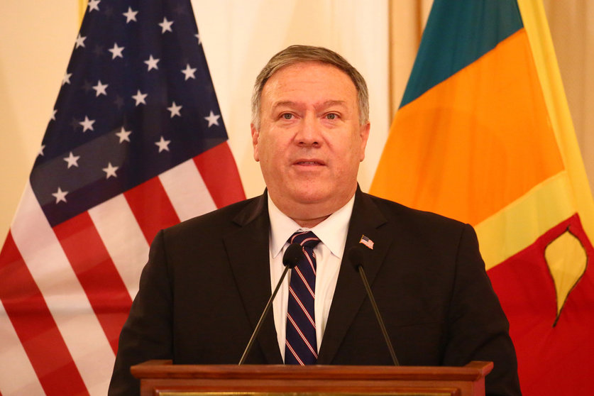 28 October 2020, Sri Lanka, Colombo: US Secretary of State Mike Pompeo speaks during a press conference with Sri Lankan Foreign Minister Dinesh Gunawardena (Not Pictured) following their meeting at the Ministry of Foreign Relations. Photo: Pradeep Dambarage/dpa.