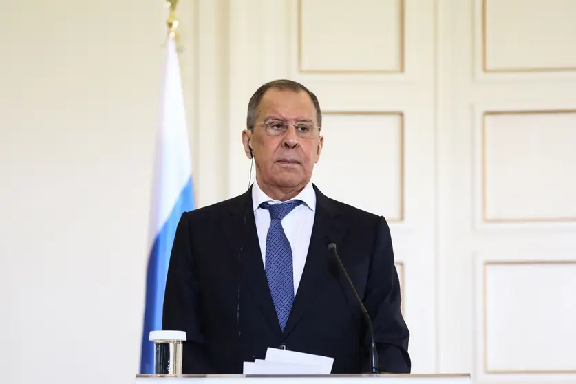 HANDOUT - 26 October 2020, Greece, Athens: Russian Foreign Minister Sergey Lavrov attends a joint press conference with Greek Foreign Minister Nikos Dendias (not pictured) following their meeting at the Foreign Ministry in Athens. Photo: -/Russian Foreign Ministry/dpa - ATTENTION: editorial use only and only if the credit mentioned above is referenced in full