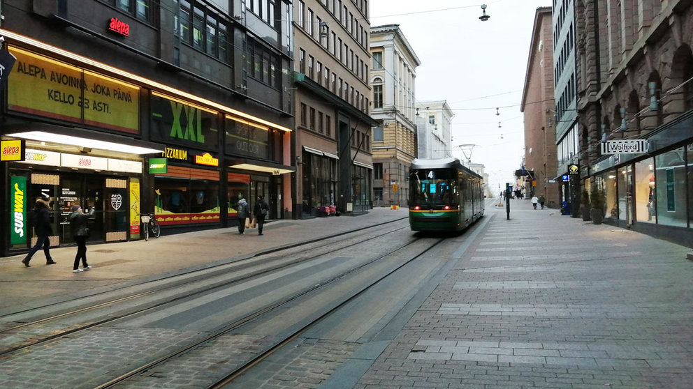 A tram runs through the center of Helsinki. Photo: Foreigner.fi.