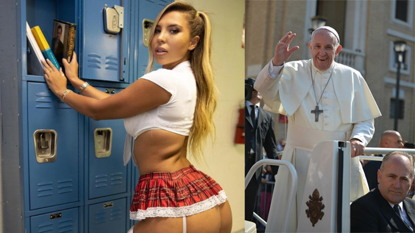 Screenshot of the model's Instagram photo (left) liked the Pope's account. Image: Instagram.