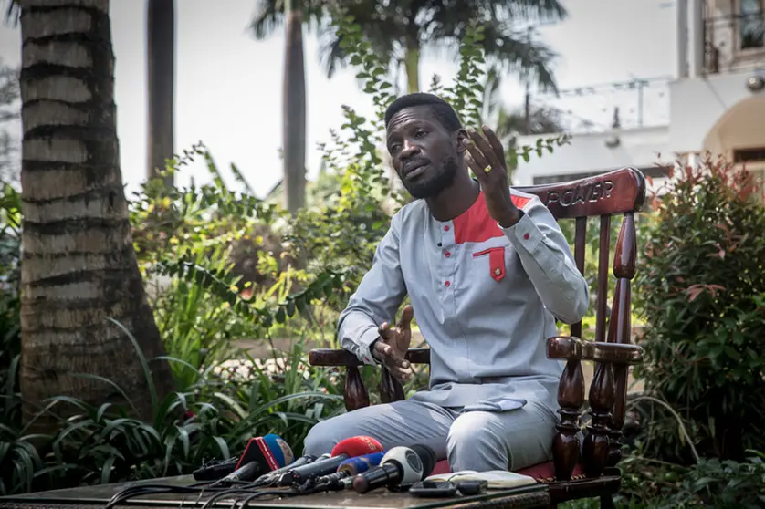 Opposition presidential candidate Bobi Wine, whose real name is Robert Kyagulanyi, speaks during a press conference in which he announced a petition to the international criminal court to investigate rights abuses in the country. Photo: Sally Hayden/SOPA Images via ZUMA Wire/dpa