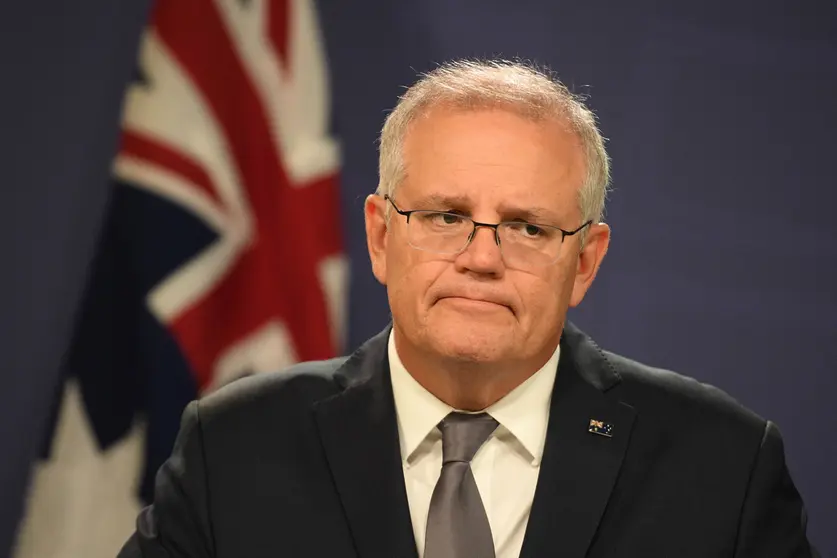 05 March 2021, Australia, Sydney: Australian Prime Minister Scott Morrison speaks during a press conference following National Cabinet. Authorities in Canberra on Friday said they were "disappointed and frustrated" that the European Union blocked 250,000 doses of the AstraZeneca coronavirus vaccine from being sent to Australia. Photo: Dean Lewins/AAP/dpa