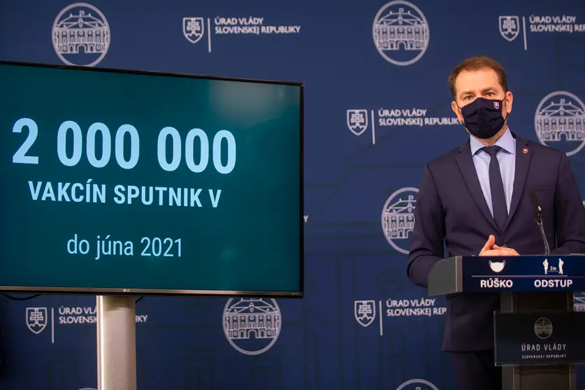 02 March 2021, Slovakia, Bratislava: Slovakian Prime Minister Igor Matovic speaks during a press conference on the purchase of the Russian COVID-19 vaccine Sputnik. Photo: Jakub Kotian/TASR/dpa