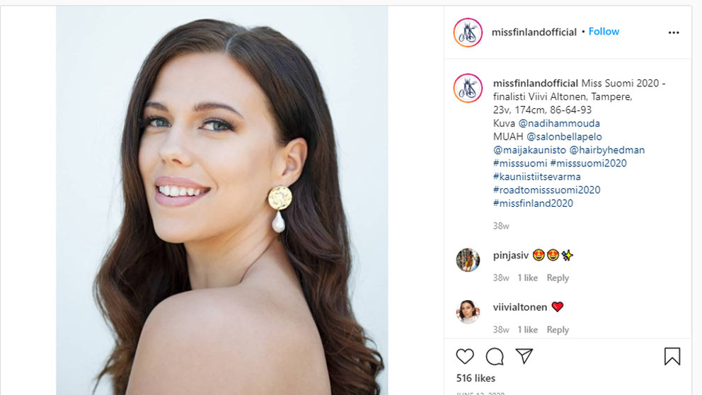 Miss Finland 2020 Viivi Aaltonen. Image: Instagram/missfinlandofficial