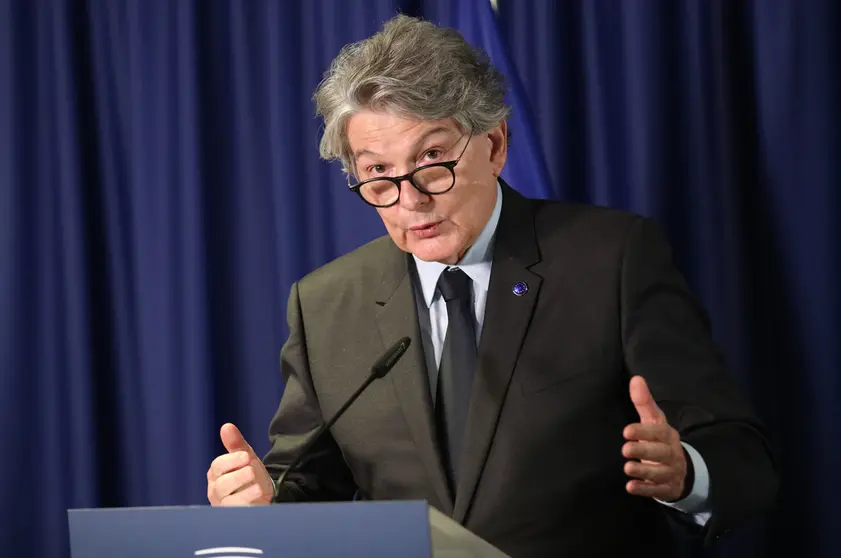 HANDOUT - 25 February 2021, Belgium, Brussels: European Commissioner for Internal Market Thierry Breton speaks during a press conference following Informal meeting of EU internal market and industry ministers, via video conference, at the European Council building in Brussels. Photo: Mario Salerno/European Council/dpa - ATTENTION: editorial use only and only if the credit mentioned above is referenced in full