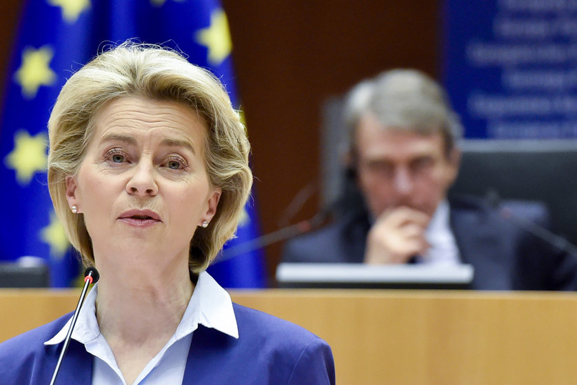 HANDOUT - 10 March 2021, Belgium, Brussels: European Commission President Ursula von der Leyen speaks during the signing ceremony to launch the Conference of the Future of Europe at the European Parliament in Brussels. Photo: Eric Vidal/European Parliament/dpa - ATTENTION: editorial use only and only if the credit mentioned above is referenced in full