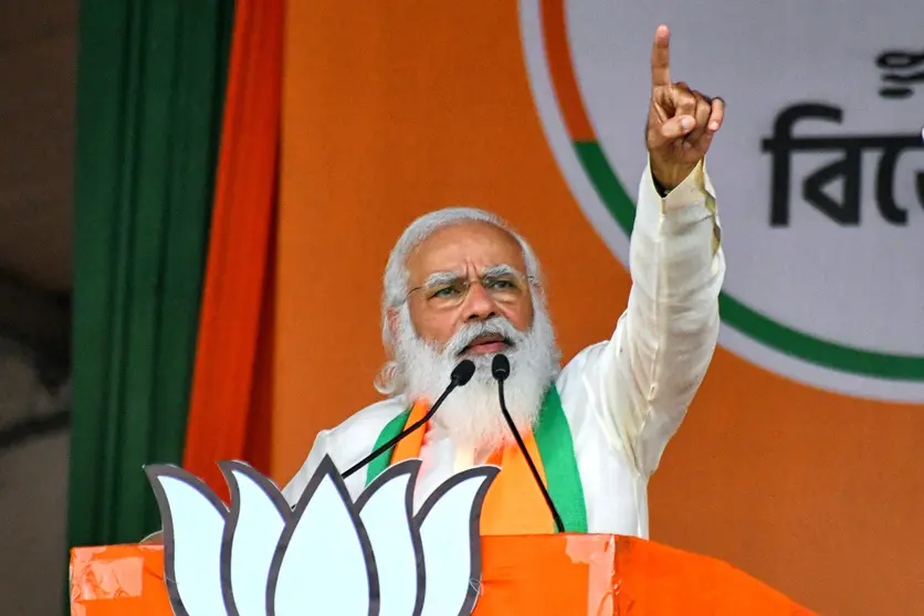 07 March 2021, India, Kolkata: Indian Prime Minster Narendra Modi addresses supporters of the Bharatiya Janata Party (BJP) during a mass rally ahead of the state legislative assembly elections at the Brigade Parade ground in Kolkata. Photo: Avishek Das/SOPA Images via ZUMA Wire/dpa