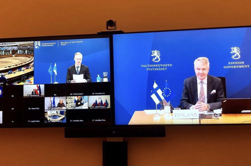 Finland was represented at the meeting by Minister for Foreign Affairs Pekka Haavisto (R) and State Secretary Olli-Poika Parviainen. Photo: Twitter/@FinlandinEU.