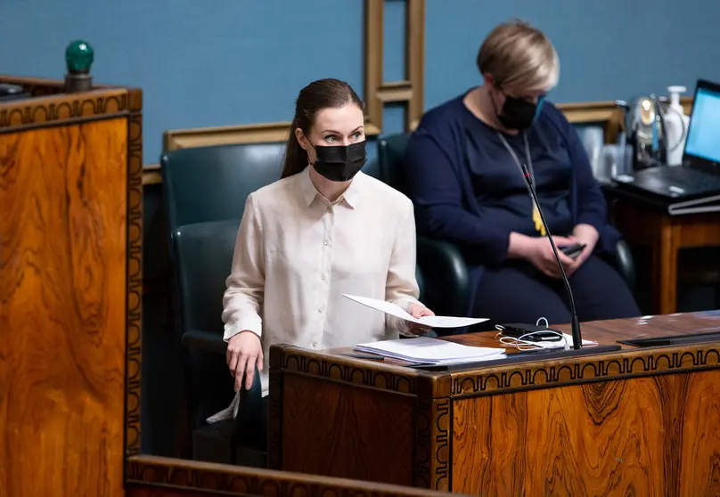 Prime Minister Sanna Marin, at one point in her address to Parliament. Photo: Hanne Salonen/Eduskunta.