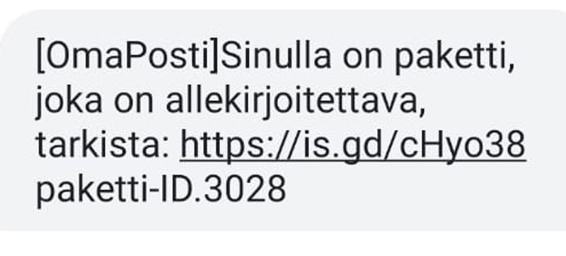 Capture of the fake message from Posti prompting the user to click on a link. Image: Foreigner.fi.