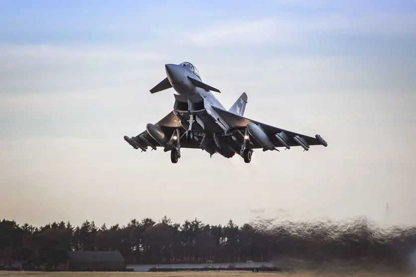 HANDOUT - 29 March 2021, United Kingdom, Moray: A Typhhon takes off from the RAF Lossiemouth base on Monday morning to intercept a Russian Tu-142 Bear-F aircraft which was spotted operating near the UK. Photo: Sac Sian Stephens Raf/Ministry of Defence (MoD) via PA Media/dpa - ATTENTION: editorial use only and only if the credit mentioned above is referenced in full