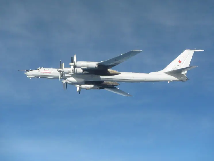 HANDOUT - 29 March 2021, United Kingdom, ---: A Russian Tu-142 Bear-F aircraft which was intercepted by Typhoons from the RAF Lossiemouth base on Monday morning after it was spotted operating near the UK. Photo: Sac Sian Stephens Raf/Ministry of Defence (MoD) via PA Media/dpa - ATTENTION: editorial use only and only if the credit mentioned above is referenced in full