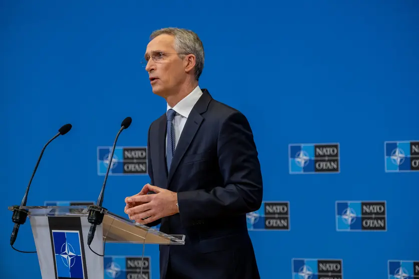 HANDOUT - 24 March 2021, Belgium, Brussels: NATO Secretary General Jens Stoltenberg holds a press conference following the NATO Foreign Affairs Ministers' meetings. Photo: F.Garrido-Ramirez/NATO/dpa - ATTENTION: editorial use only and only if the credit mentioned above is referenced in full