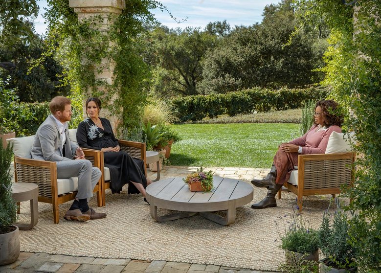 FILED - 08 March 2021, US, ---: An Undated picture provided by Harpo Productions shows Prince Harry Duke of Sussex, and his wife Meghan, Duchess of Sussex, during their interview with Oprah Winfrey. Photo: Joe Pugliese/Harpo Productions via PA Media/dpa