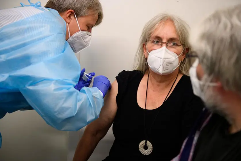 Mechthild Haverresch Kock is vaccinated against the coronavirus with the vaccine made by the company AstraZeneca at a vaccination centre in the German district of Borken on Saturday. The European Medicines Agency (EMA) will present its conclusions on a potential link between blood clots and AstraZeneca's Covid-19 vaccine later on Wednesday. Photo: Christopher Neundorf/dpa