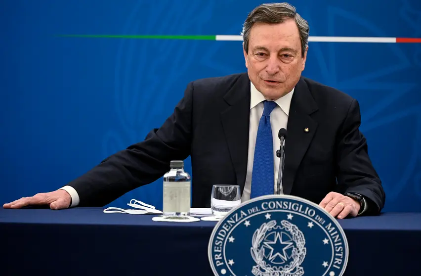 08 April 2021, Italy, Rome: Italian Prime Minister Mario Draghi speaks during a press conference on the vaccination plan to fight COVID-19 pandemic. Photo: Riccardo Antimiani/Pool Ansa/Lap/LaPresse via ZUMA Press/dpa