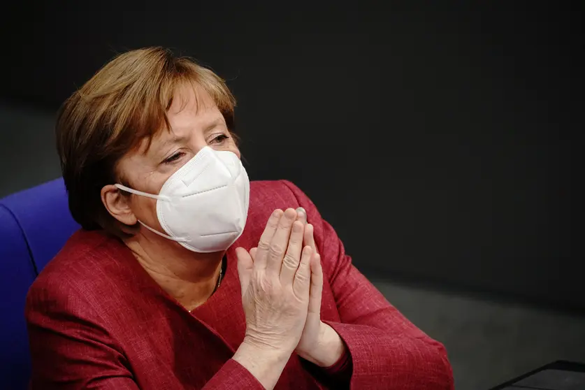 16 April 2021, Berlin: German Chancellor Angela Merkel attends a session at the German parliament on the amendment to the Infection Protection Act. Photo: Kay Nietfeld/dpa.