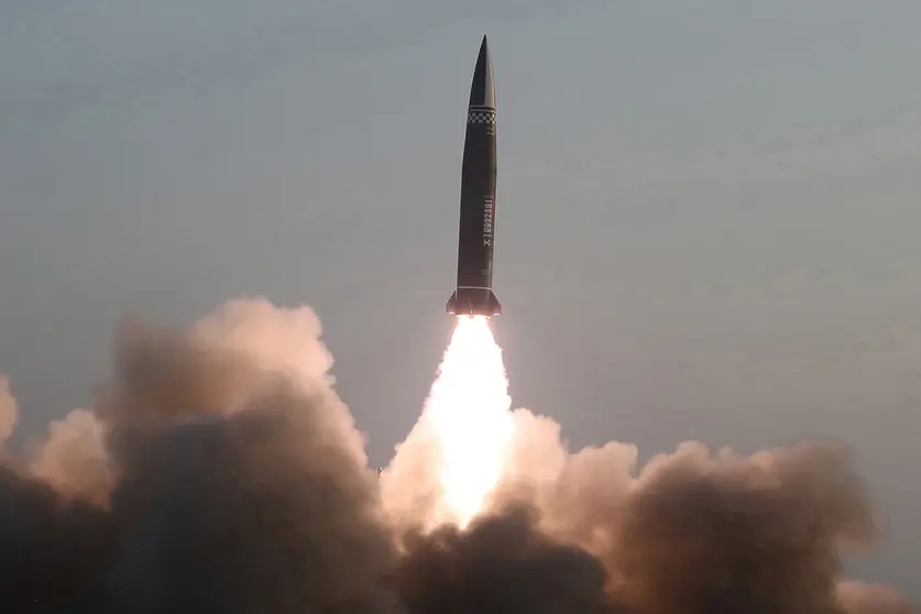 25 March 2021, North Korea, Hamju: A new type of a tactical guided missile is launched from the North Korean town of Hamju. South Korea's military said the previous day that the North fired what appeared to be two short-range ballistic missiles into the East Sea. Photo: -/YNA/dpa