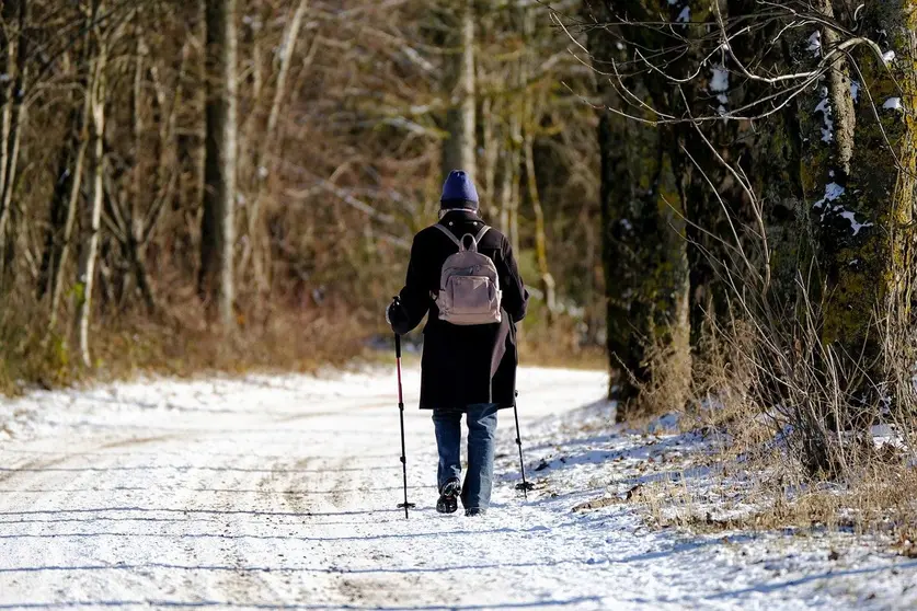 A woman walking on a snowy road. Photo: Pixabay.