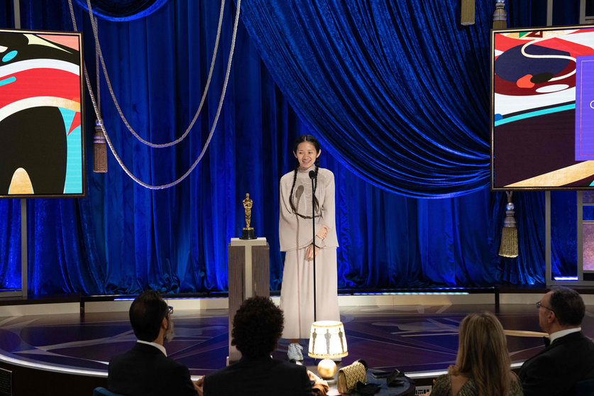 25 April 2021, US, Los Angeles: Chinese Director and producer Chloe Zhao accepts the Oscar for Directing during the live ABC Telecast of the 93rd Oscars Academy Awards at Union Station in Los Angeles. Photo: Todd Wawrychuk/A.M.P.A.S./dpa