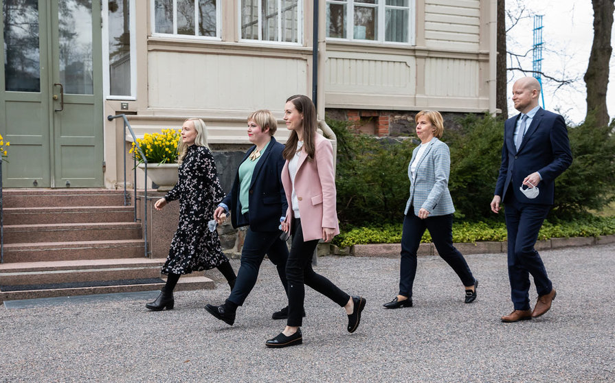The leaders of the 5 parties of the government coalition, after the negotiation concluded. Photo: Lauri Heikkinen/Vnk.