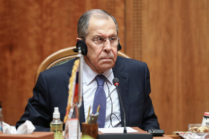 HANDOUT - 12 April 2021, Egypt, Cairo: Russian Foreign Minister Sergey Lavrov attends talks at the Arab League headquarters in Cairo. Photo: -/Russian Foreign Ministry/dpa