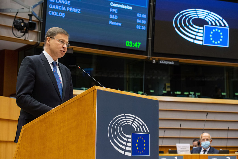 HANDOUT - 19 May 2021, Belgium, Brussels: EU Commission Vice President Valdis Dombrovskis addresses the European Parliament in Brussels. Photo: Eric Vidal/European Parliament/dpa - ATTENTION: editorial use only and only if the credit mentioned above is referenced in full