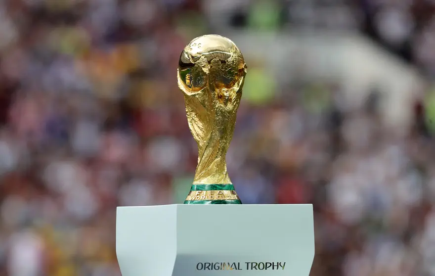 FILED - 15 July 2018, Russia, Moscow: The world cup trophy exhibited ahead of the FIFA World Cup 2018 soccer final match between France and Croatia at the Luzhniki Stadium in Moscow, Russia, 15 July 2018. FIFA has been given the mandate to make a feasibility study of hosting the men's and women's World Cup every two years instead of in a four-year cycle. Photo: Christian Charisius/dpa