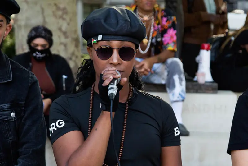 FILED - 12 July 2020, United Kingdom, London: Black Lives Matter activist Sasha Johnson speaks during a Black Lives Matter protest in Parliament Square. Sasha is in critical condition in hospital after being shot in the head in the early hours of Sunday, according to her Taking The Initiative Party. Photo: Thabo Jaiyesimi/SOPA Images via ZUMA Wire/dpa