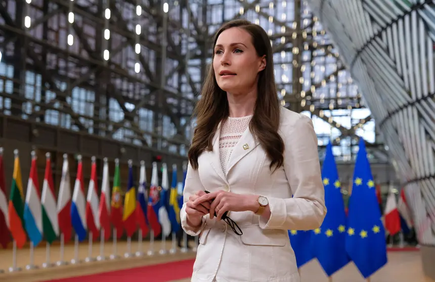 HANDOUT - 24 May 2021, Belgium, Brussels: Finnish Prime Minister Sanna Marin speaks to media upon her arrival to attend a special EU summit. Photo: -/EU Council/dpa - ATTENTION: editorial use only and only if the credit mentioned above is referenced in full