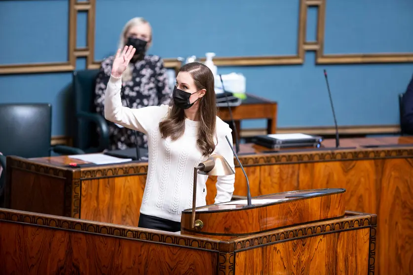 Plenary session on April 28, 2021. Announcement by Prime Minister Sanna Marin (sd) of the exit strategy from covid-19. Photo: Hanne Salonen/Eduskunta.