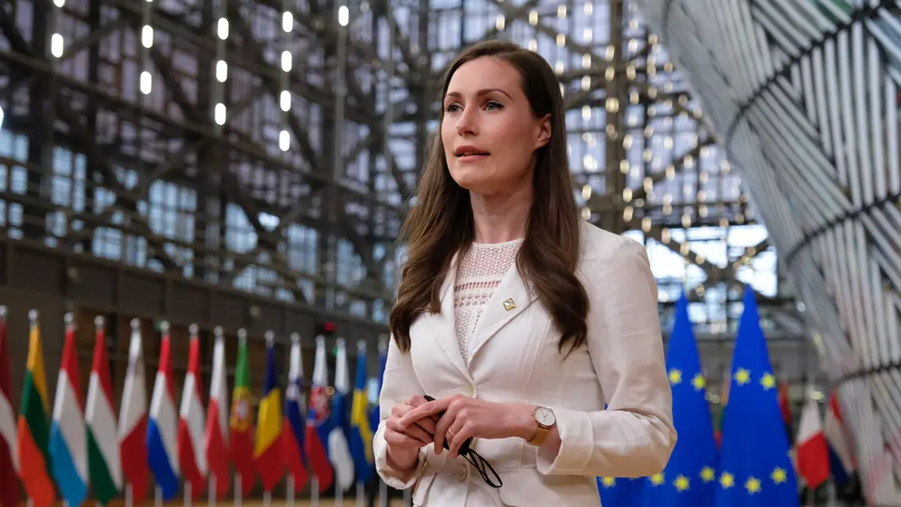 HANDOUT - 24 May 2021, Belgium, Brussels: Finnish Prime Minister Sanna Marin speaks to media upon her arrival to attend a special EU summit. Photo: -/EU Council/dpa - ATTENTION: editorial use only and only if the credit mentioned above is referenced in full