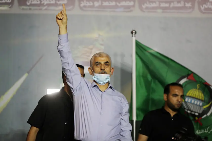 27 May 2021, Palestinian Territories, Khan Yunis City: Yahya Sinwar, leader of the Palestinian Hamas Islamist movement in the Gaza Strip, attends a military parade rally by Hamas military wing 'Izz ad-Din al-Qassam Brigades'. Photo: Ashraf Amra/APA Images via ZUMA Wire/dpa