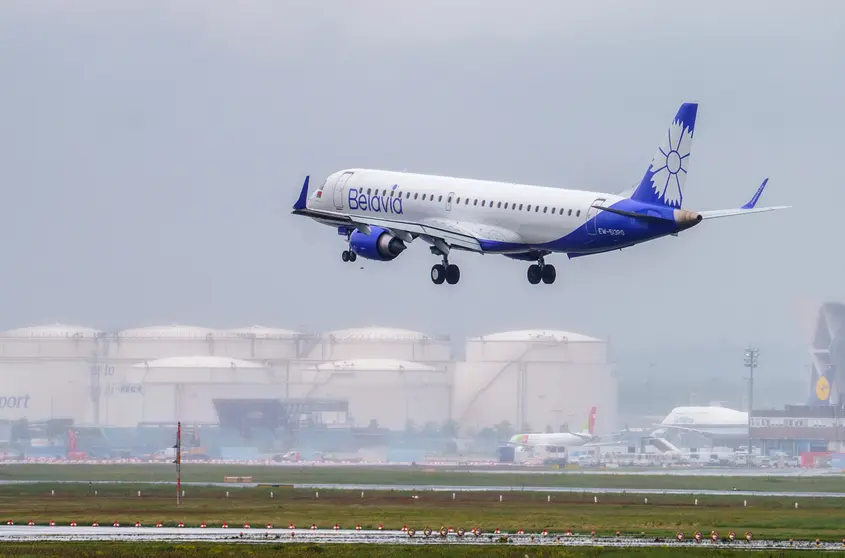 26 May 2021, Hessen, Frankfurt_Main: An aircraft of the Belarusian airline Belavia lands at Frankfurt Airport. Many European countries have closed their airspace to the airline after Belarusian authorities had forced a Ryanair plane, on its way from Greece to Lithuania, to land in Minsk with a dissident journalist on board. Photo: Andreas Arnold/dpa.