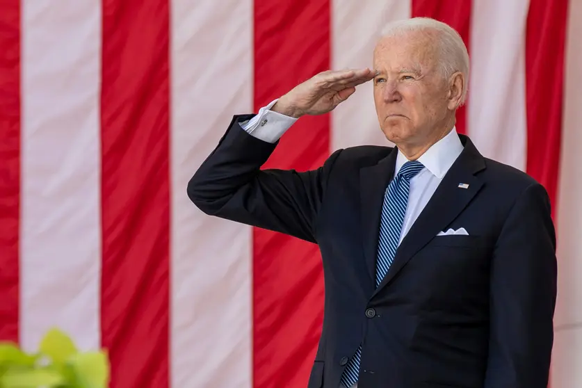 31 May 2021, US, Arlington County: US President Joe Biden salutes during the annual Memorial Day commemoration in the Memorial Amphitheater at Arlington National Cemetery. Photo: Sgt. Gabriel Silva/US Army via Planet Pix via ZUMA Wire/dpa