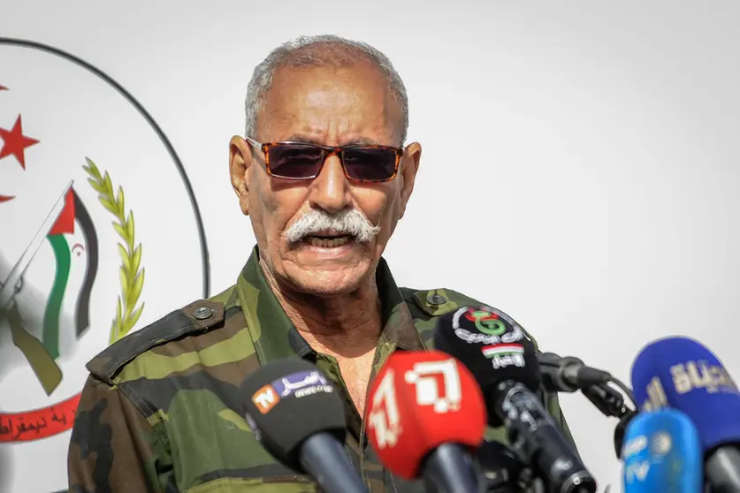 FILED - 27 February 2021, Algeria, Tindouf: Sahrawi President Brahim Ghali speaks during a military parade marking the 45th anniversary of the declaration of the Sahrawi Arab Democratic Republic (SADR), near the south-western Algerian city of Tindouf, considered as the Sahrawi capital in exile. Photo: STR/dpa