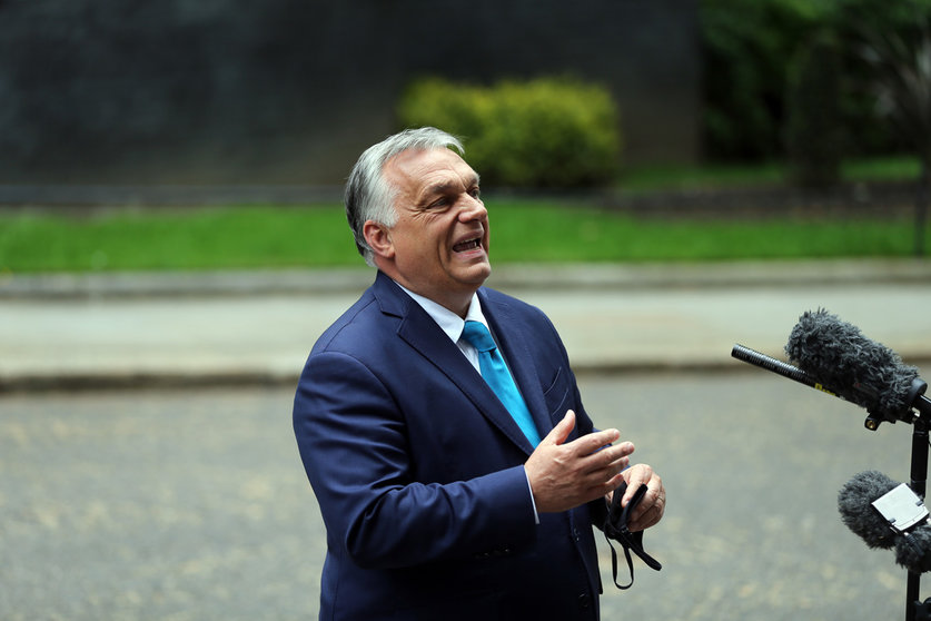 28 May 2021, United Kingdom, London: Hungarian Prime Minister Viktor Orban speaks to media in Downing Street after meeting with UK Prime Minister Boris Johnson. Photo: Tayfun Salci/ZUMA Wire/dpa