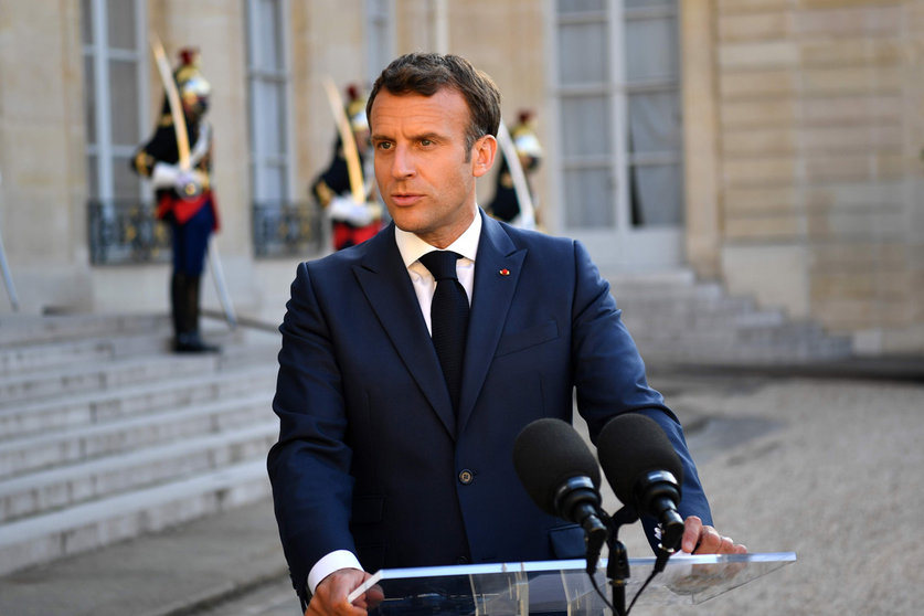 HANDOUT - 10 June 2021, France, Paris: French President Emmanuel Macron speaks during a press conference with North Macedonia's Prime Minister Zoran Zaev at the Elysee Palace. Photo: -/North Macedonian Government/dpa - ATTENTION: editorial use only and only if the credit mentioned above is referenced in full