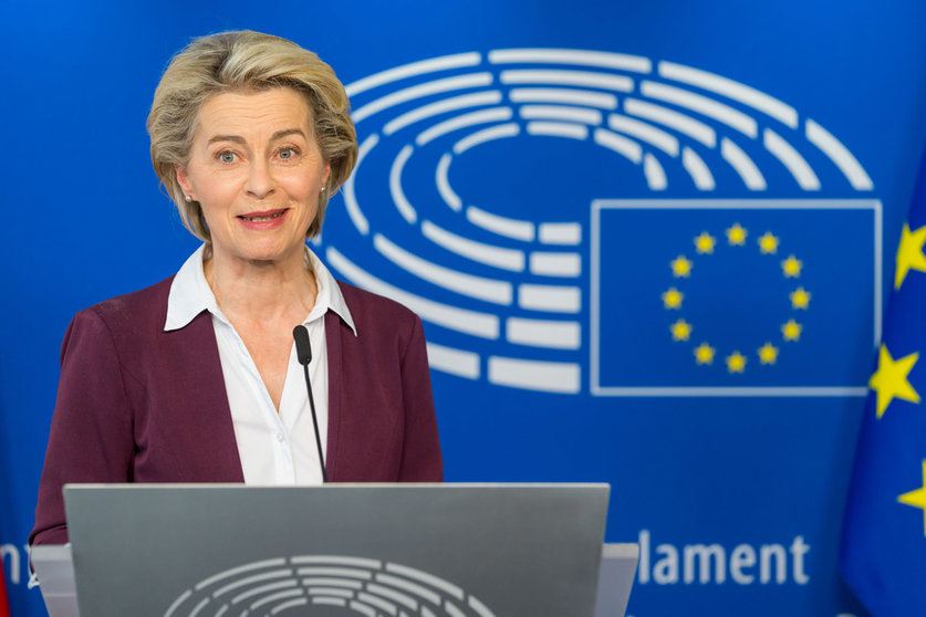 HANDOUT - 14 June 2021, Belgium, Brussels: European Commission President Ursula von der Leyen attends a press conference after the presidents of the three main EU institutions signed a plan for a digital Covid-19 vaccine certificate. Photo: Daina Le Lardic/European Parliament/dpa - ATTENTION: editorial use only and only if the credit mentioned above is referenced in full
