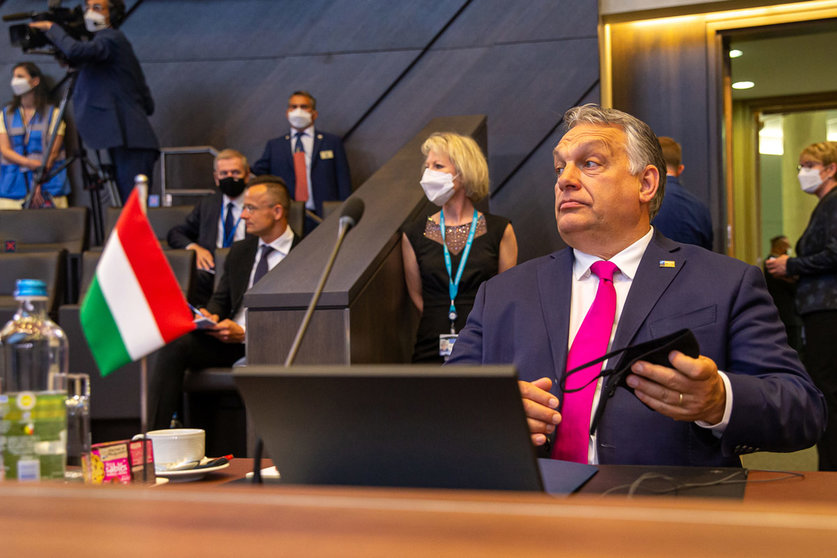 HANDOUT - 14 June 2021, Belgium, Brussels: Hungarian Prime Minister Viktor Orban attends a plenary session at the North Atlantic Treaty Organization (NATO) Summit. Photo: -/NATO/dpa - ATTENTION: editorial use only and only if the credit mentioned above is referenced in full