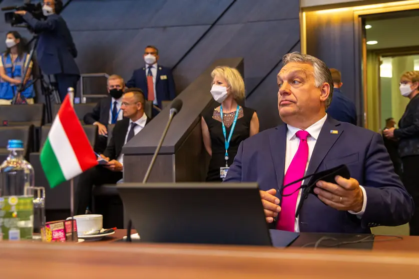 HANDOUT - 14 June 2021, Belgium, Brussels: Hungarian Prime Minister Viktor Orban attends a plenary session at the North Atlantic Treaty Organization (NATO) Summit. Photo: -/NATO/dpa - ATTENTION: editorial use only and only if the credit mentioned above is referenced in full