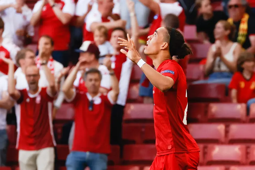 17 June 2021, Denmark, Copenhagen: Denmark's Yussuf Poulsen celebrates after scoring his side's first goal during the UEFA EURO 2020 Group B soccer match between Denmark and Belgium at Parken stadium. Photo: Bruno Fahy/BELGA/dpa