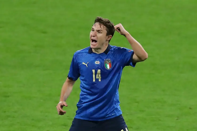 26 June 2021, United Kingdom, London: Italy's Federico Chiesa celebrates scoring his side's first goal during the UEFA EURO 2020 round of 16 soccer match between Italy and Austria at the Wembley stadium. Photo: David Klein/CSM via ZUMA Wire/dpa.